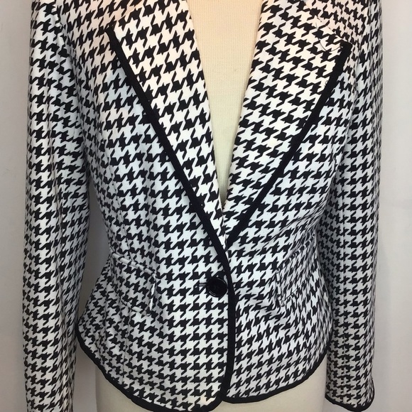Black/White houndstooth lined knit one button black trim Donna Moore jacket M - Picture 2 of 11